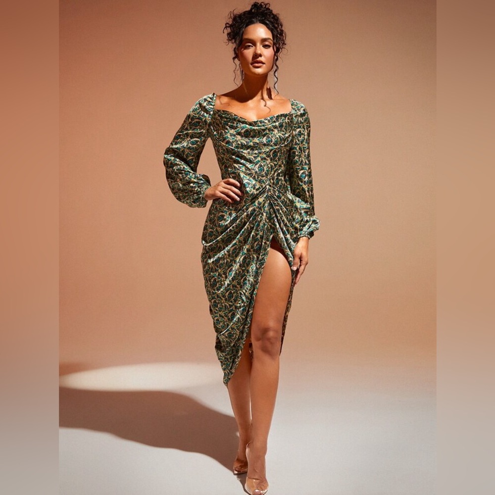 NWT SHEIN BAE Draped Collar Ruched Split Thigh Tie Back Satin Dress